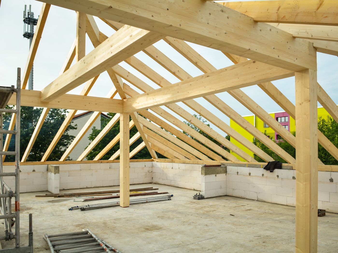 Exposed timber roof structure and foundations on a Warwickshire new build